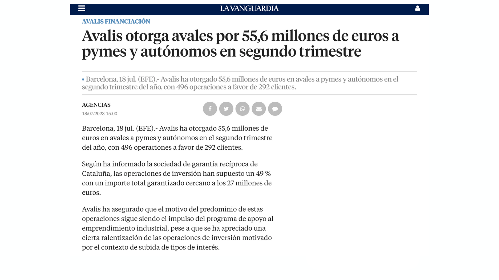 La Vanguardia publica la información de los resultados trimestrales d'Avalis